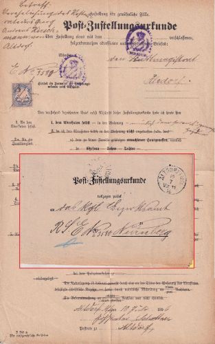 Bayern - Altdorf 1896 Post-Zustellurkunde n. Nürnberg - innen 20 Pfg. Wappen