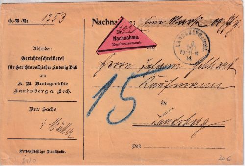Bayern - Landsberg 1914 unfrank. Orts-Nachnahmebrief - nachporto