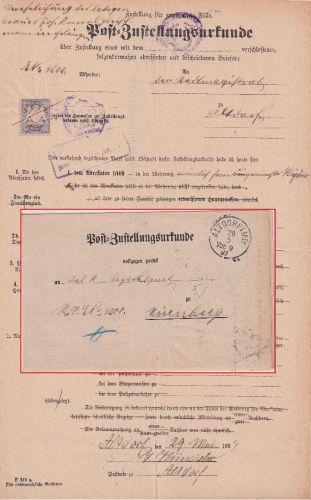 Bayern - Altdorf 1897 Post-Zustellurkunde n. Nürnberg - innen 20 Pfg. Wappen