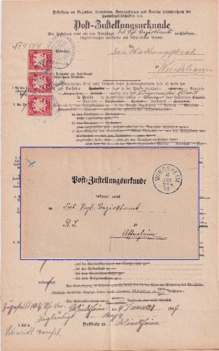 Bayern - Windsheim 1899 Post-Zustellurkunde n. Uffenheim - innen 3x10 Pfg Wappen