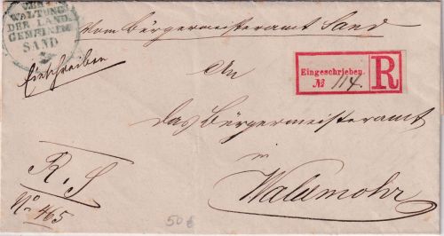Bayern - Sand 1883 unfrankierter Einschreibebrief (Armensache) n. Waldmohr