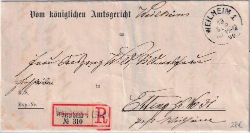 Bayern - Weilheim 1899 Einschreibe-Dienstbrief (Gericht) n. Etting - mit Inhalt