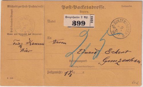 Bayern - Gunzenhausen 2 Bhf. 1898 unfreies Ortspaket - 25 Pfg. Nachporto