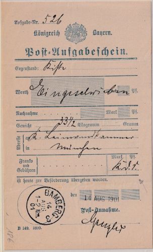 Bayern - Bamberg 1901 Aufgabeschein f. Kgl. Dienstsache (Kiste 33 1/2kg !!)