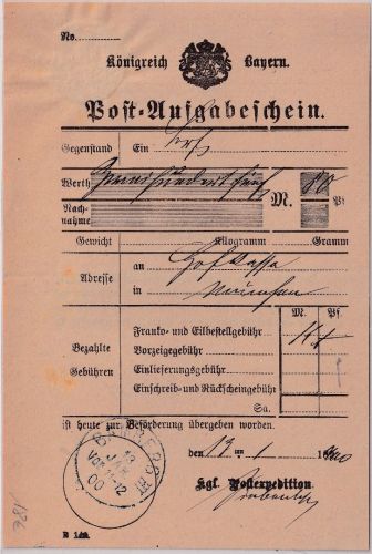 Bayern - Bamberg 1900 Aufgabeschein f. Wertbrief/kgl. Angelegenheit