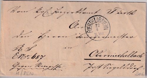 Bayern - Fürth 1880 Dienstbrief "gegen Recepisse" n. Obermichelbach