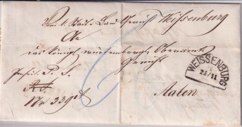 Bayern/Württemberg - Weissenburg 25/11 HKS Portobrief n. Aalen 1865