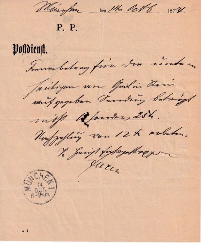 Bayern - München 1874 "Francodefect" Dienstschreiben n. Stein w/Unterfrankatur