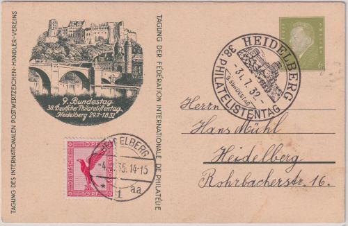 DR - Heidelberg 38. Dt. Philatelistentag 6 Pfg. Privatganzsache SST 1932