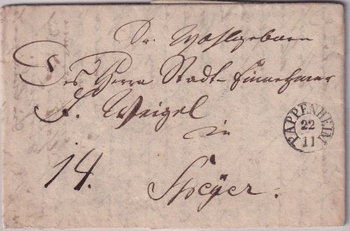 Bayern - Pappenheim 22/11Fingerhut-K1 Portobrief n. Speyer 1836