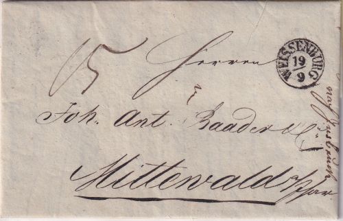 Bayern - Weissenburg 19/9 Fingerhut-K1 Portobrief n. Mittenwald 1834