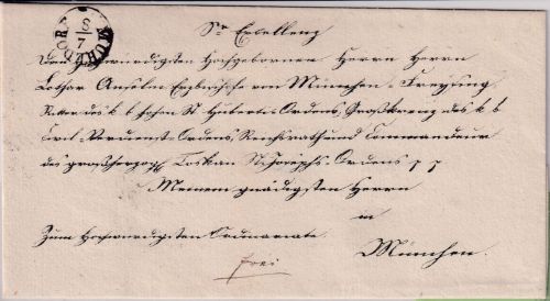 Bayern - Mühldorf 8/7 Fingerhut-K1 Bischofsbrief "Lothar Anselm" n. München 1843