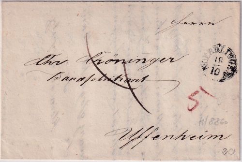 Bayern - Nördlingen 19/10 Fingerhut-K1 Portobrief n. Uffenheim 1842