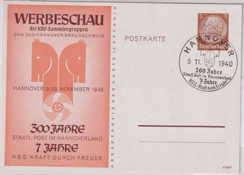 DR - Hannover 300 Jahre Staatl. Post 3 Pfg. Privatganzsache SST 1940