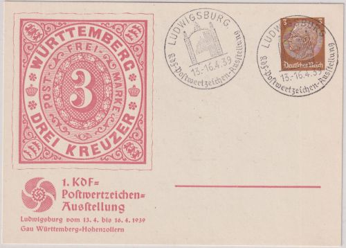 DR - Ludwigsburg 1. KdF-Postwertzeichen-Ausstellung 3 Pfg. Privat-GA SST 1939