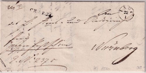 Bayern - Lauf 22/1 Fingerhut-K1 Charge-Francobrief n. Nürnberg 1835