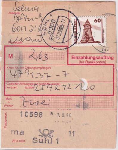 DDR/VGO - 60 Pfg. Bauwerke Einzahlungsauftrag Suhl 7.9.90