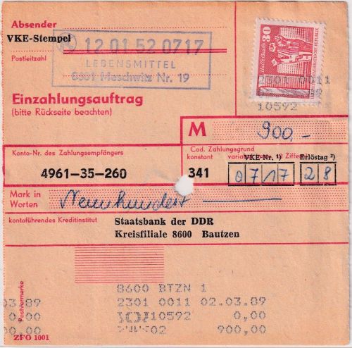 DDR - 30+2x10 Pfg. Aufbau/klein Einzahlungsauftrag Meschwitz/Bautzen 2.3.89