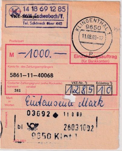 DDR - 2x25 Pfg. Aufbau/klein Einzahlungsauftrag Eschenbach/Klingenthal 11.8.89