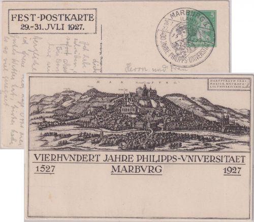 DR - Marburg 400 J. Philipps-Universität 5 Pfg. Privat-Ganzsache SST 1927