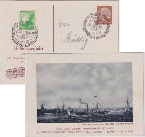 DR - Bremen 44. Dt. Philatelistentag Unterweserfahrt 3 Pfg. Privat-GA SST 1938