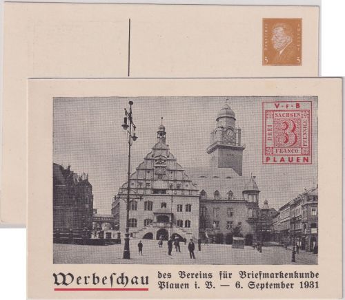 DR - Plauen Werbeschau Verin f. Briemarkenkunde 3 Pfg. Privat-GA ungebraucht