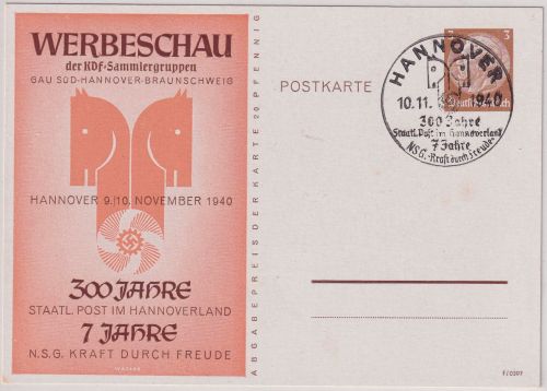 DR - Hannover 300 Jahre Staatl. Post 3 Pfg. Privatganzsache SST 1940