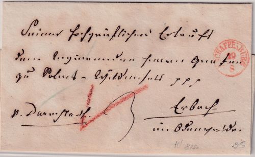 Bayern/Th&T - Aschaffenburg 29/8 roter Fingerhut-K1 Portobrief n. Erbach ca.1840
