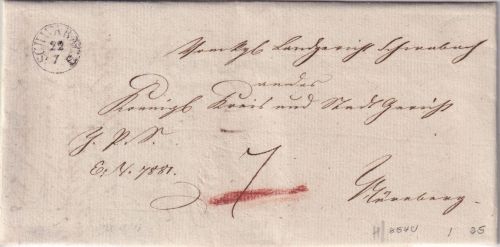 Bayern - Schwabach 22/7 Fingerhut-K1 Portobrief n. Nürnberg 1834