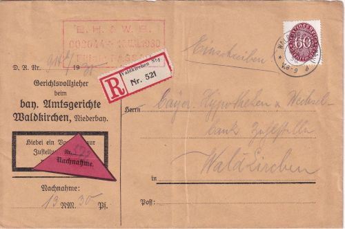 DR - 60 Pfg. Strohhut nachnahme-Einschreiben-Ortsbrief Waldmünchen 1930