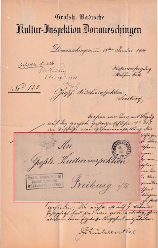 DR - Donaueschingen 1900 Frei lt. Avers No.16 (Kultur-Inspektion) Dienstbrief