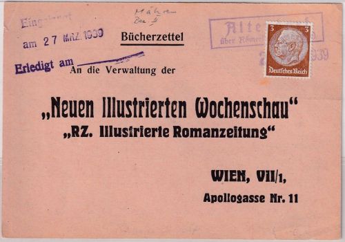Sudetenland - Altendorf ü. Römerstadt Landpost-Ra2 Bücherzettel n. Wien 25.3.39