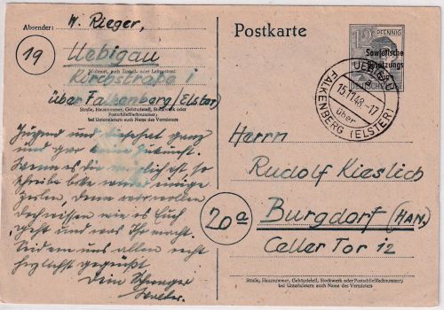 SBZ - Uebigau ü. Falkenberg (Elster) 1948 Poststelle I 12 Pfg. Ganzsache