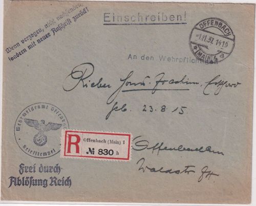 DR - Offenbach 1937 Frei d. Ablösung (Wehrmeldeamt) Ortseinschreibebrief