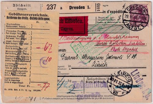 DR - 60+40+2x10 Pfg. Germania Eilpaketkarte i.d. SCHWEIZ Dresden - Zürich 1916