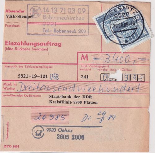 DDR - 2x50 Pfg. Aufbau/klein Einzahlungsauftrag Bobenneukirchen/Oelsnitz 29.8.89