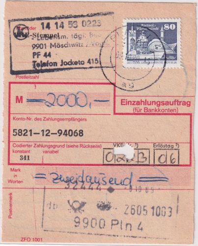 DDR - 80+10 Pfg. Aufbau/klein Einzahlungsauftrag Möschwitz/Plauen 9.10.89