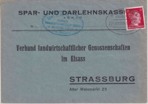 Dt.Bes. Elsass - Walburg Selz bahnpost Zug 02568 Brief Betschdorf 1943