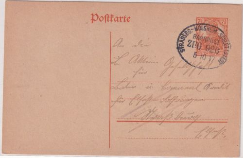 DR - Strassburg Molsheim Schlettstadt Bahnpost Zug926 Ganzsache Nothalten 1917
