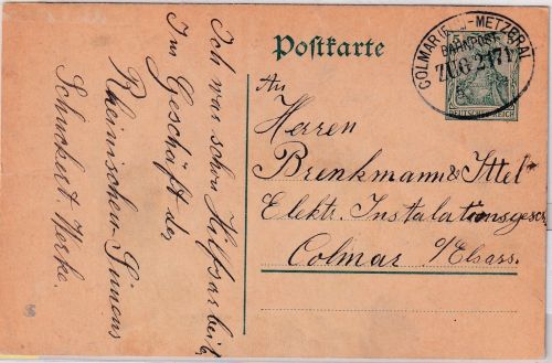 DR - Colmar Metzeral Bahnpost Zug 2171 Ganzsache Griesbach - Colmar 1914
