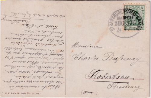 DR - Strassburg Saales Bahnpost Zug 375 Karte n. Robertsau 1905