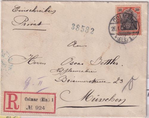 DR - 30 Pfg. Germania Einschreibebrief Colmar - München 1906