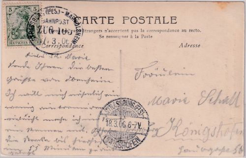 DR - Strassburg Markolsheim Bahnpost Zug 105 Karte n. Königshofen 1906