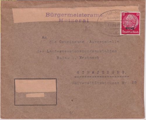 Dt. Bes. Elsass - Kolmar Metzeral Bahnpost Zug 2185 Brief Metzeral 1941