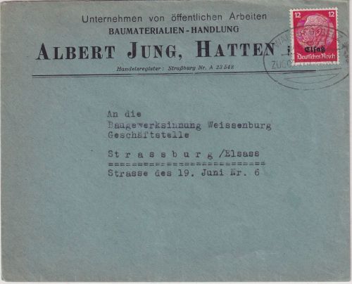 Dt. Bes. Elsass - Walburg Selz Metzeral Bahnpost Zug 02570 Brief Hatten 1941