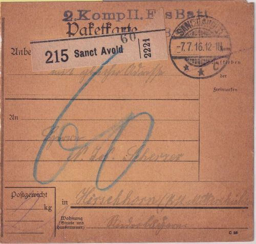 DR - Sanct Avold 1916 unfreie Soldaten-Paketkarte n. Hirschorn