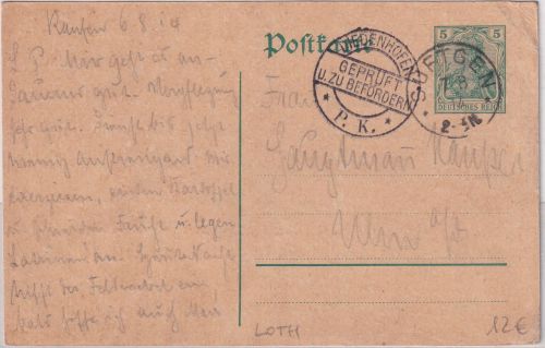 DR - Suftgen 7/8 14 kl. K1 5 Pfg. Ganzsache n. Ulm Zensur Diedenhofen
