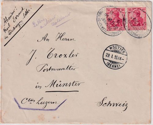 DR Alberschweiler Saarburg Bahnpost Zug 2440 Brief i.d. SCHWEIZ Lörchingen 1915