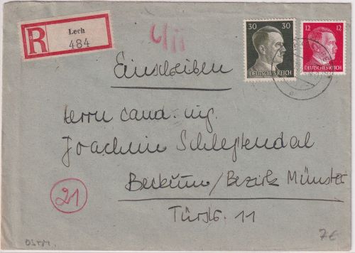 DR - 30+12 Pfg. AH Einschreibebrief Lech (Arlberg) - Beckum 1944