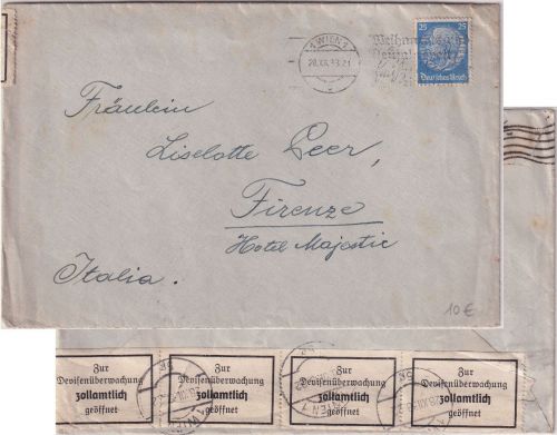 DR - 25 Pfg. Hindenburg Brief n. ITALIEN Wien - Florenz 1´938 Devisenzensur